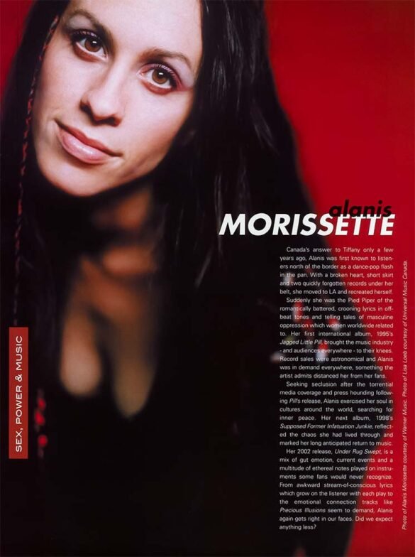 Color portrait of Alanis Morissette against a red background, with a magazine profile printed along the right side.
