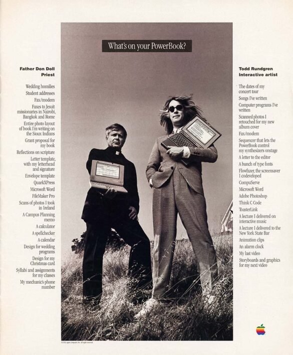 Black-and-white Apple advertisement showing Todd Rundgren and Father Don Doll standing outdoors holding PowerBook computers, with lists of their computer files printed along both sides.