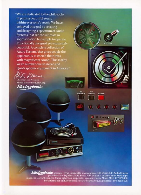 1973 Electrophonic advertisement showing a quadraphonic stereo system with turntable, 8-track player, controls and four spherical speakers.