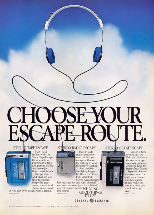 Vintage 1982 General Electric magazine ad featuring three portable stereo cassette and radio players beneath floating headphones and the slogan “Choose Your Escape Route.”