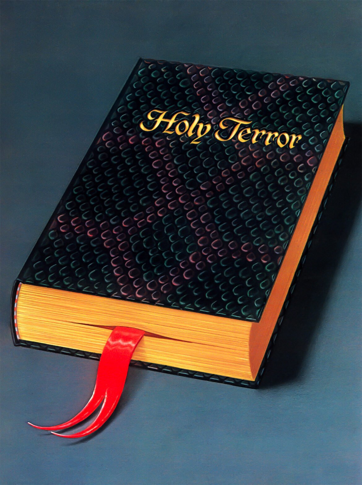 Surreal illustration of a dark snakeskin-patterned book titled “Holy Terror,” with gold-edged pages and a red ribbon bookmark shaped like a forked tongue.