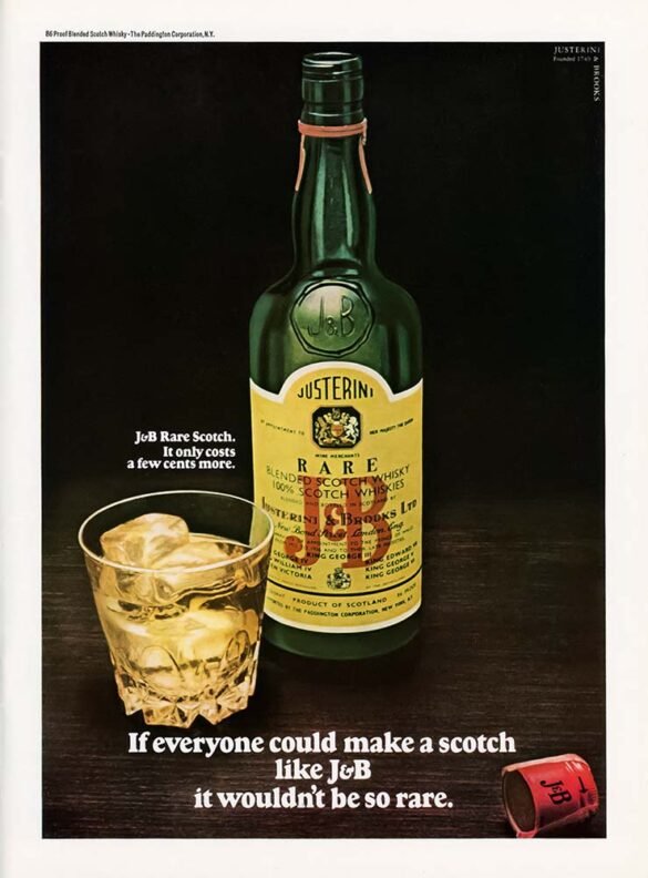 Vintage J&B Rare Scotch whisky advertisement showing a green bottle beside a glass of whisky over ice against a dark background.