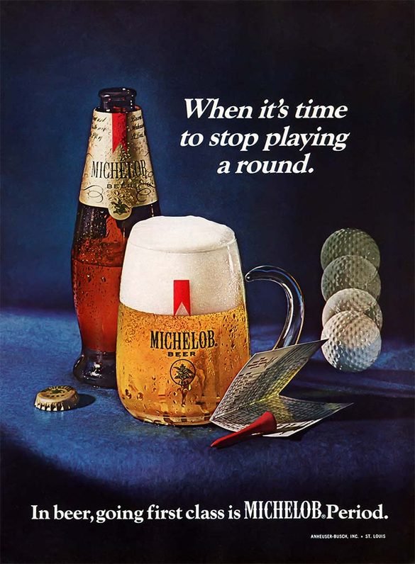 Vintage 1960s Michelob beer advertisement featuring a bottle, frosty beer mug, golf balls, scorecard and tee against a dark blue background.