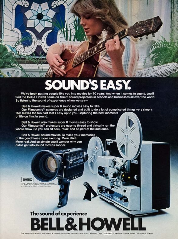 Vintage Bell & Howell advertisement showing a woman playing guitar above Filmsonic Super 8 camera and projector equipment.