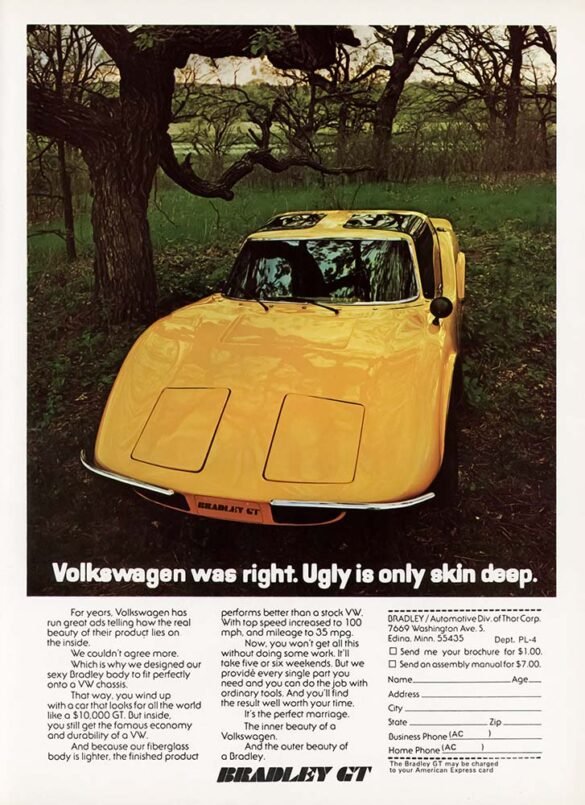 Vintage Bradley GT print ad showing a yellow sports-style kit car parked in a wooded setting with Volkswagen-themed advertising copy below.