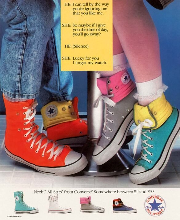 Colorful Converse advertisement showing several pairs of high-top All Star sneakers in red, yellow, pink, gray, and teal, worn with rolled pants and socks.