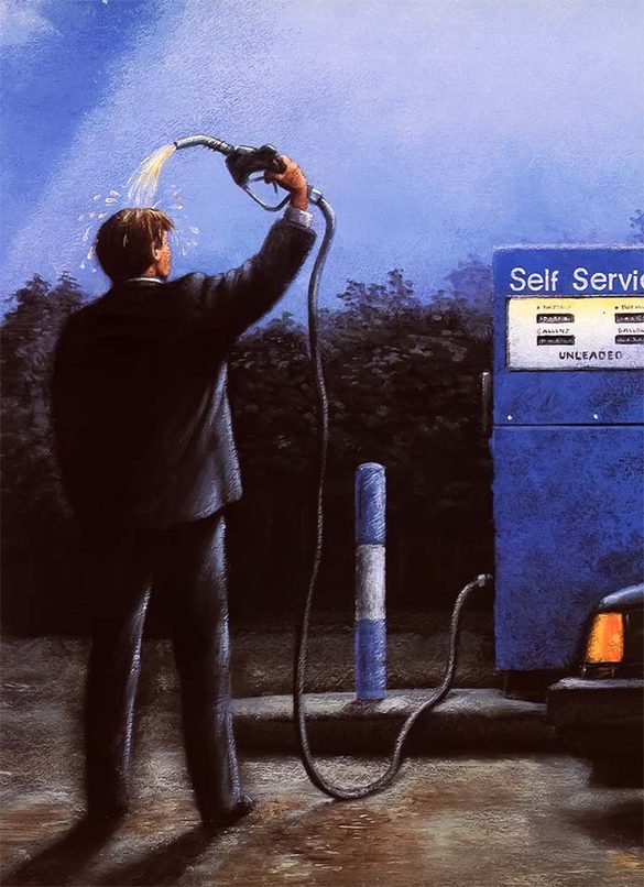 Surreal illustration of a man at a gas station holding a fuel nozzle over his head beside a blue self-service pump at night.