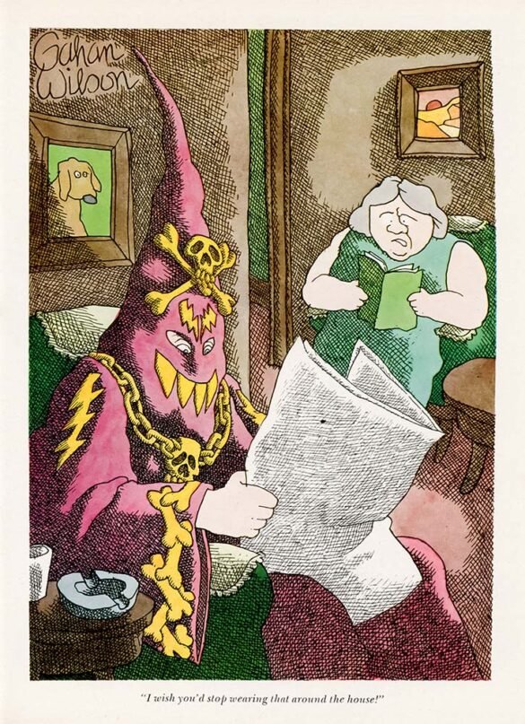 Gahan Wilson cartoon showing a man in a purple hooded executioner-style costume with skulls, chains, and lightning-bolt symbols reading the newspaper while a woman looks on.
