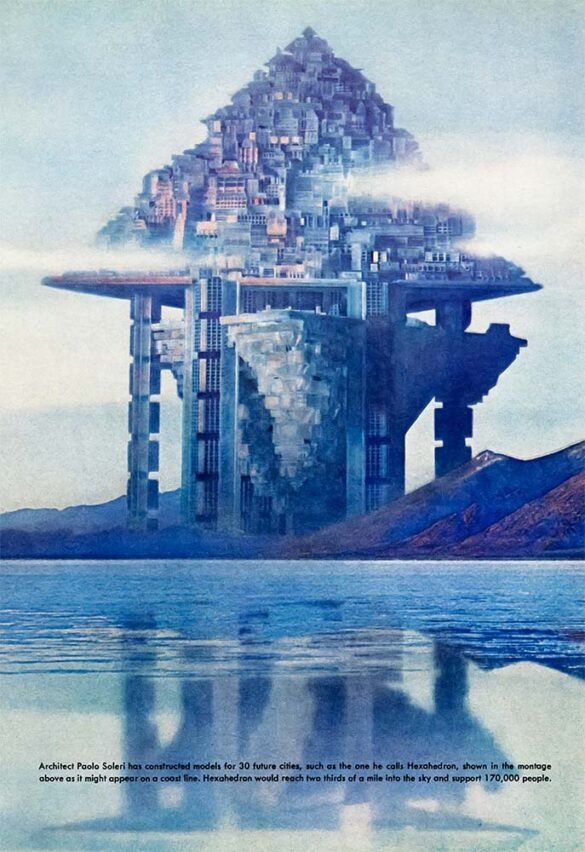 Photomontage of Paolo Soleri’s futuristic Hexahedron city rising beside a coastline, partially surrounded by clouds and reflected in the water.