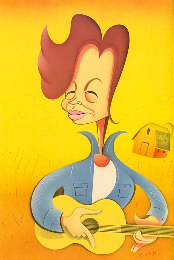 Colorful caricature of John Cougar Mellencamp holding an acoustic guitar against a yellow rural landscape with a small farmhouse in the background.