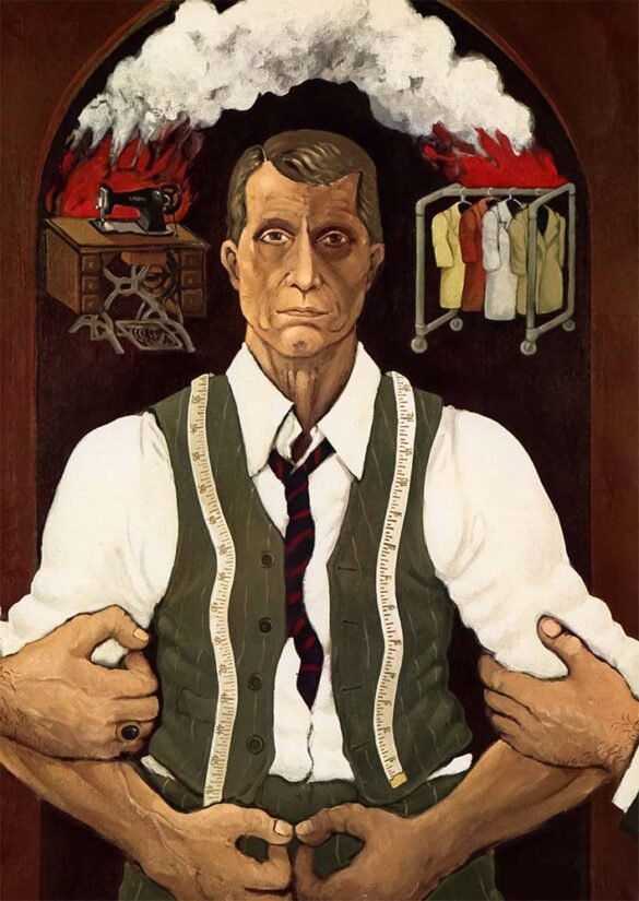 Editorial illustration of a tailor wearing a measuring tape, surrounded by sewing equipment, clothing racks, flames, and large hands gripping his arms.