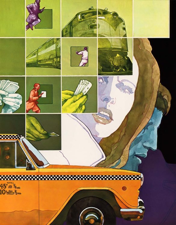Colorful illustrated collage featuring an orange New York-style taxi, playing cards, a train, running figures, and a large woman’s face.