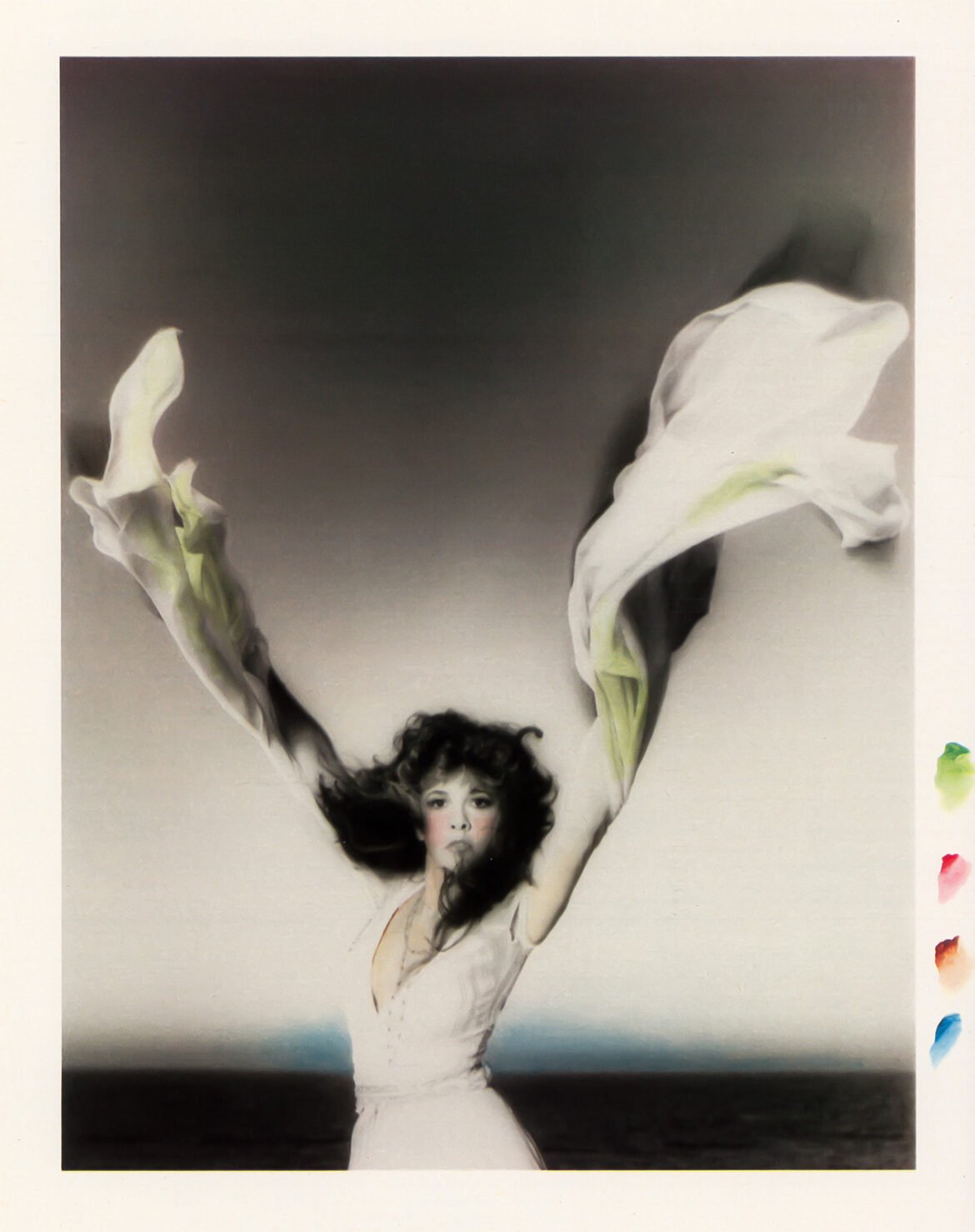 Soft-focus portrait of Stevie Nicks outdoors with both arms raised, holding flowing white fabric against a dark horizon.