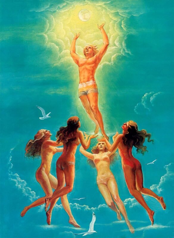 Fantasy-style illustration of a glowing male volleyball player rising into the sky above four women, surrounded by clouds and birds against a bright blue background.